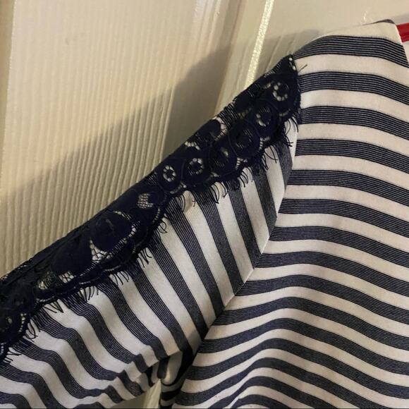 Eliza J Striped Navy & White Zipper Back Shift Dress w/ Lace Detail Size 14 - Picture 4 of 8